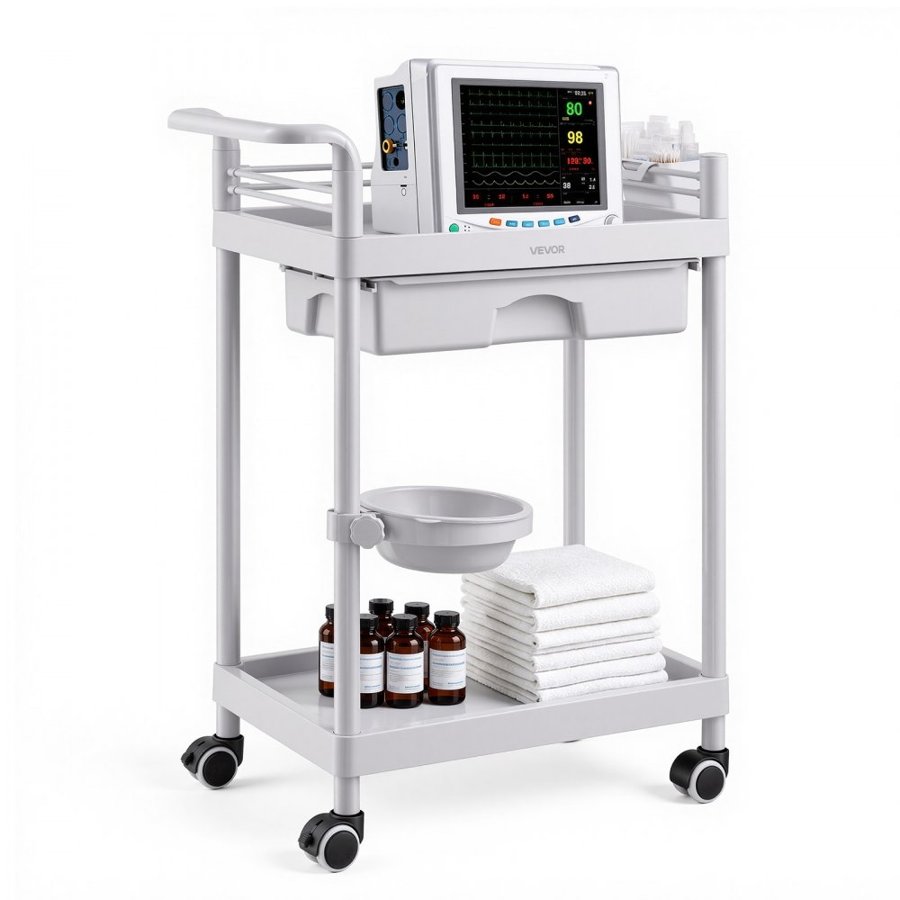 VEVOR Medical Cart Two-Tier Medical Trolley Cart with Drawer 50 kg, for Clinic, Hospital, Beauty Salon, Lab, with Storage Bin and Waste Tray, Stable Support, Medical Trolley Cart with Casters