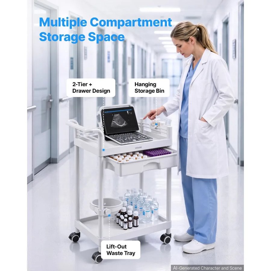 VEVOR Medical Cart Two-Tier Medical Trolley Cart with Drawer 50 kg, for Clinic, Hospital, Beauty Salon, Lab, with Storage Bin and Waste Tray, Stable Support, Medical Trolley Cart with Casters