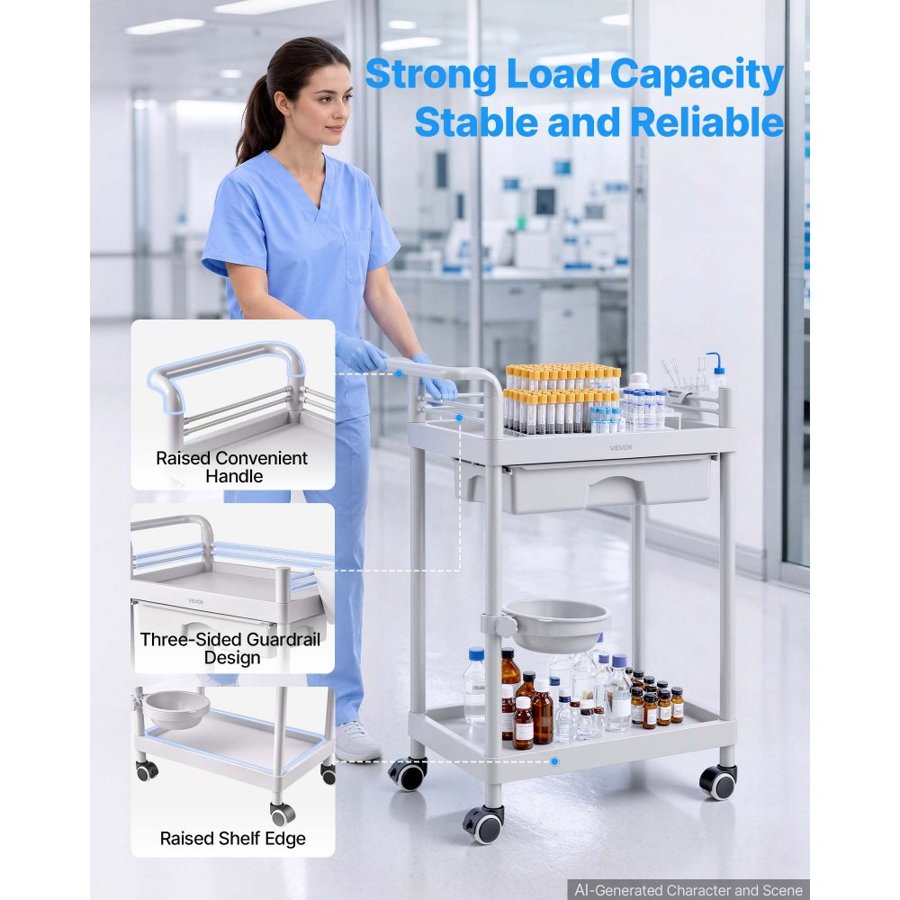 VEVOR Medical Cart Two-Tier Medical Trolley Cart with Drawer 50 kg, for Clinic, Hospital, Beauty Salon, Lab, with Storage Bin and Waste Tray, Stable Support, Medical Trolley Cart with Casters