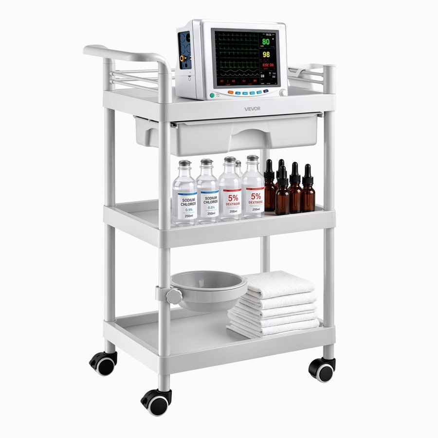 VEVOR Medical Cart Three-Tier Medical Trolley Cart with Drawer 50 kg, for Clinic, Hospital, Beauty Salon, Lab, with Storage Bin and Waste Tray, Stable Support, Medical Trolley Cart with Casters