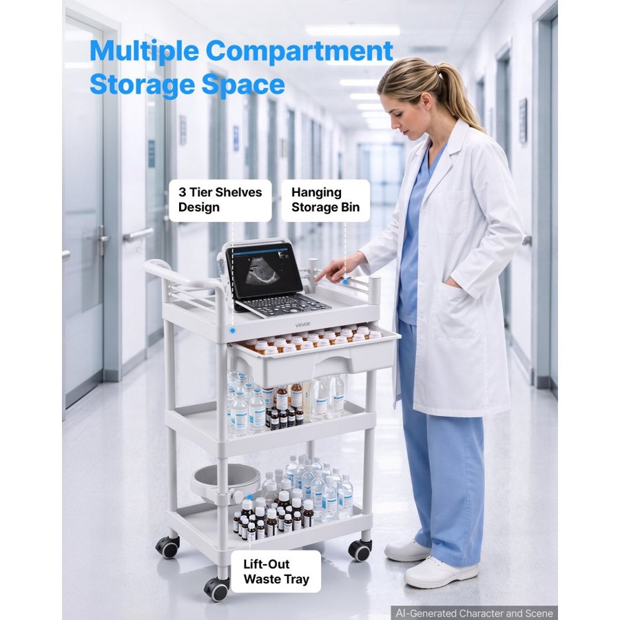 VEVOR Medical Cart Three-Tier Medical Trolley Cart with Drawer 50 kg, for Clinic, Hospital, Beauty Salon, Lab, with Storage Bin and Waste Tray, Stable Support, Medical Trolley Cart with Casters