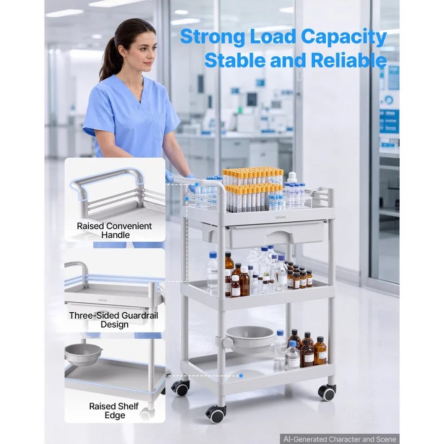 VEVOR Medical Cart Three-Tier Medical Trolley Cart with Drawer 50 kg, for Clinic, Hospital, Beauty Salon, Lab, with Storage Bin and Waste Tray, Stable Support, Medical Trolley Cart with Casters