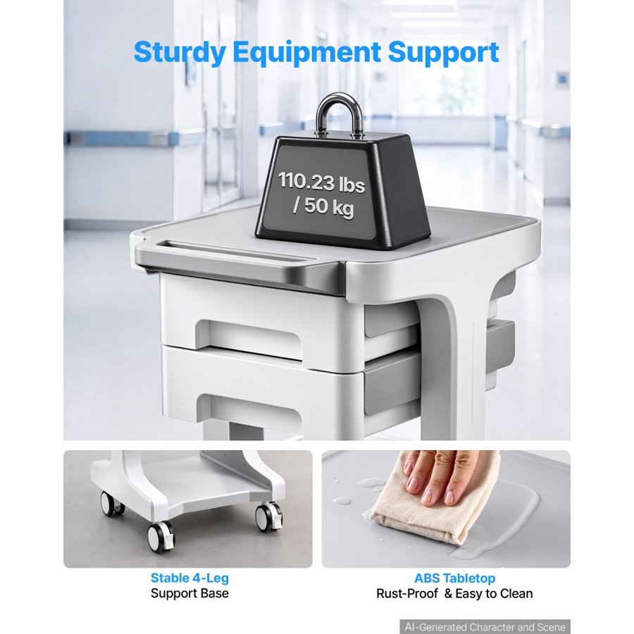 VEVOR Medical Cart 50 kg Max Load Medical Trolley Cart with 2 Drawers, for Clinic, Hospital, Laboratory, Stable Support, Silent Rolling Trolley with 360° Swivel Lockable Wheels, Organized Storage
