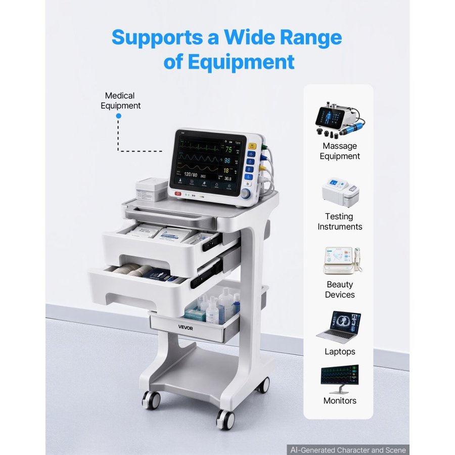 VEVOR Medical Cart 50 kg Max Load Medical Trolley Cart with 2 Drawers, for Clinic, Hospital, Laboratory, Stable Support, Silent Rolling Trolley with 360° Swivel Lockable Wheels, Organized Storage