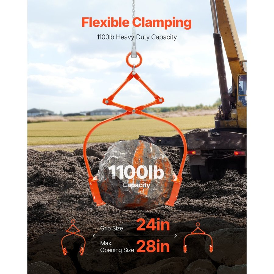 VEVOR 24in Stone Lifting Tongs, 2-Claw Rock Tongs, Heavy Duty Steel Log Tongs, 1100LBS Lifting Capacity, Swivel Log Grapple, Serrated Claw Design, Easy Chain Hook up Tongs for Stone Blocks & Marble