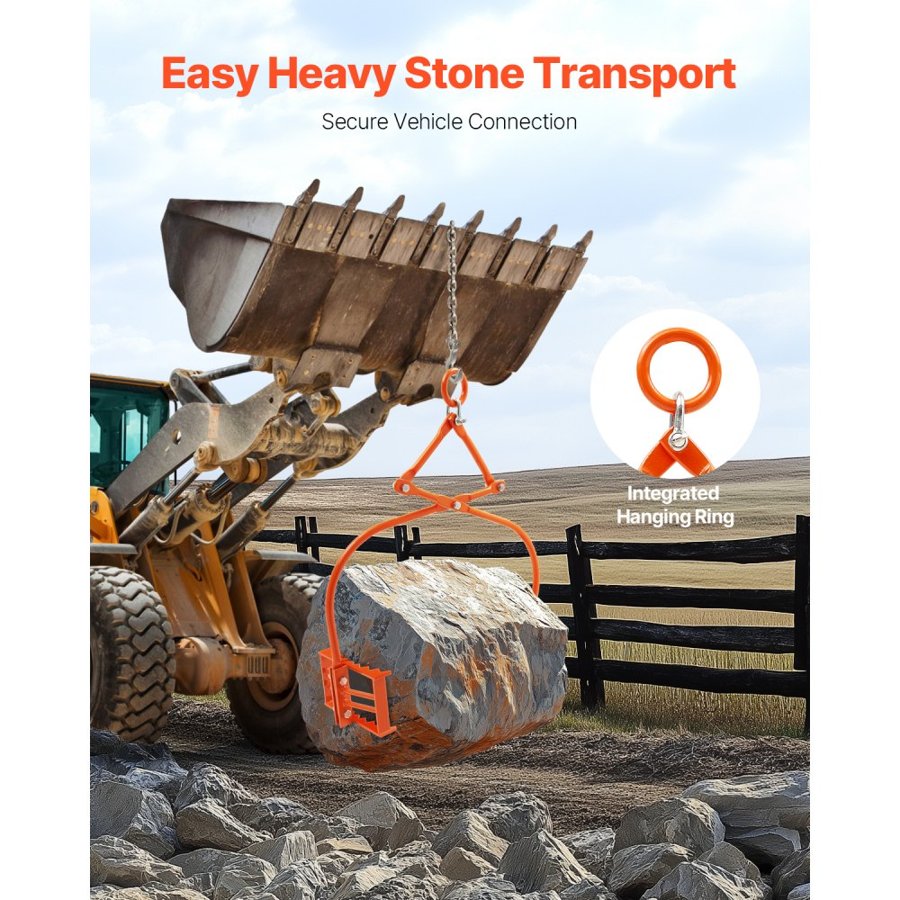VEVOR 24in Stone Lifting Tongs, 2-Claw Rock Tongs, Heavy Duty Steel Log Tongs, 1100LBS Lifting Capacity, Swivel Log Grapple, Serrated Claw Design, Easy Chain Hook up Tongs for Stone Blocks & Marble
