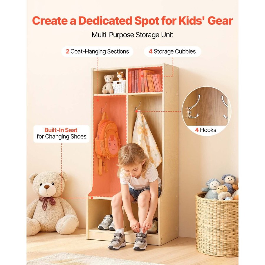 VEVOR Kids Coat Locker – 2-Section, 4 Hooks, Wood Cubby