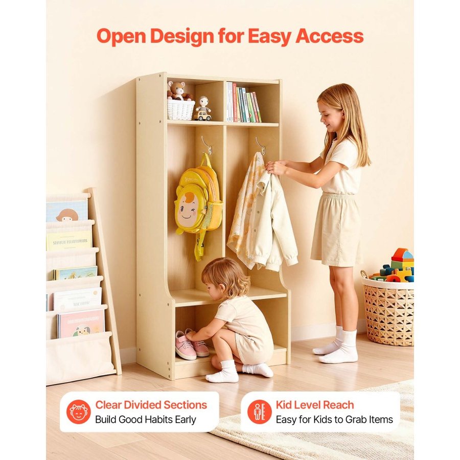 VEVOR Kids Coat Locker – 2-Section, 4 Hooks, Wood Cubby