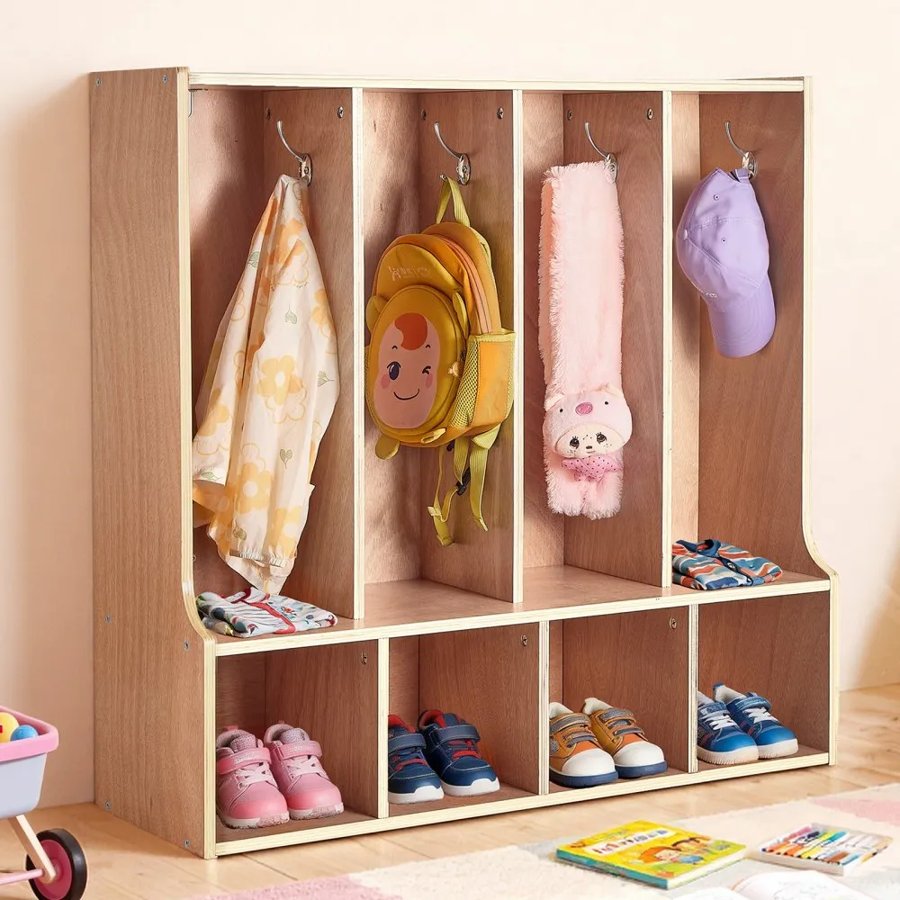 VEVOR Kids Locker Storage – 4 Section, 8 Hooks, Wood Cubby
