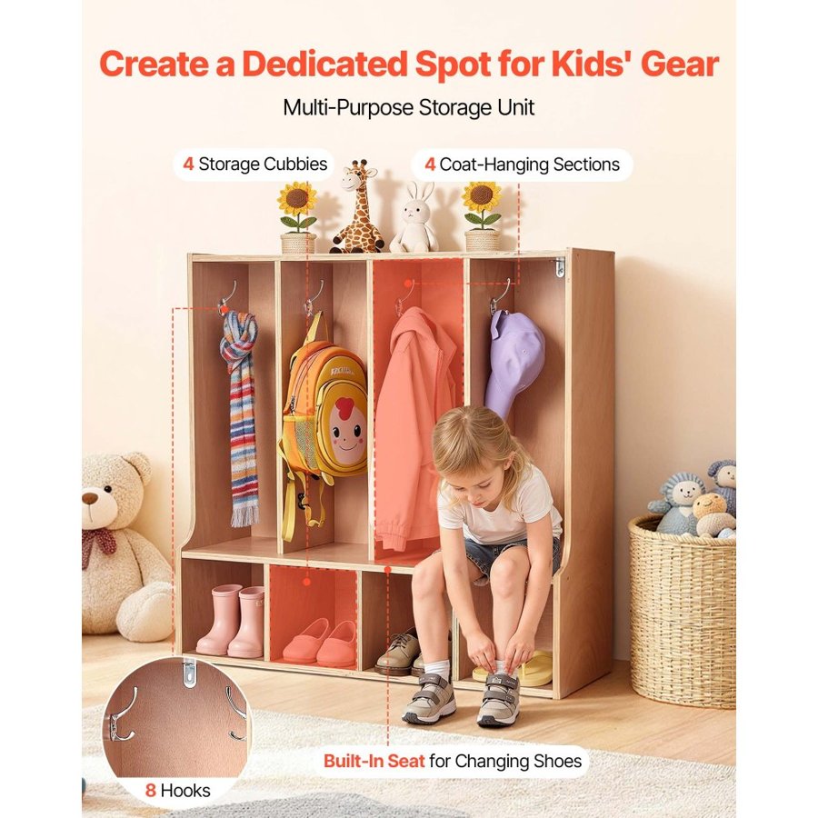 VEVOR Kids Locker Storage – 4 Section, 8 Hooks, Wood Cubby