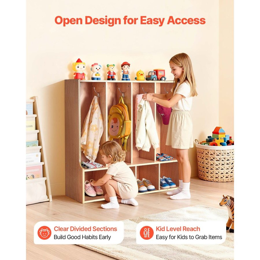 VEVOR Kids Locker Storage – 4 Section, 8 Hooks, Wood Cubby