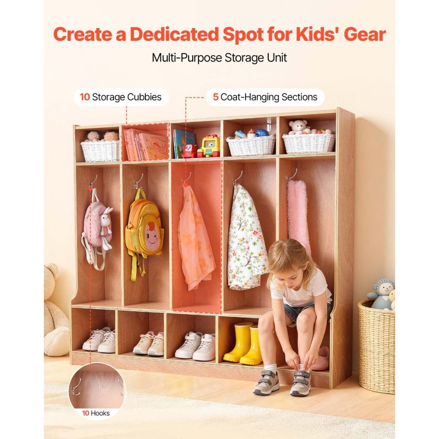 VEVOR Kids Coat Cubbies – 5 Sections, 10 Hooks, Natural Wood