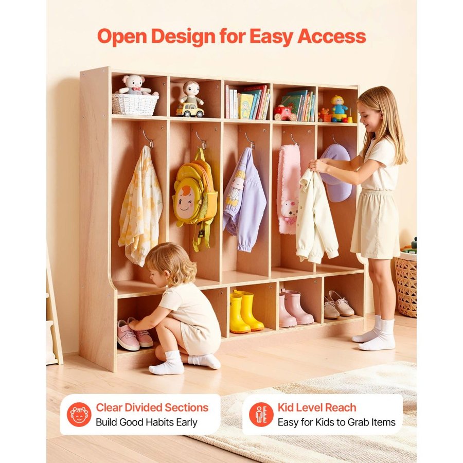 VEVOR Kids Coat Cubbies – 5 Sections, 10 Hooks, Natural Wood