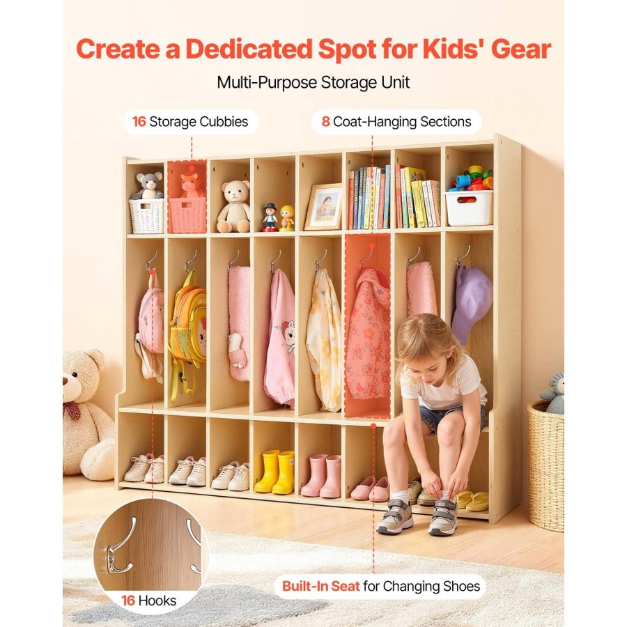 VEVOR 8 Section Kids Coat Locker – 53.9 in Wide, 16 Hooks