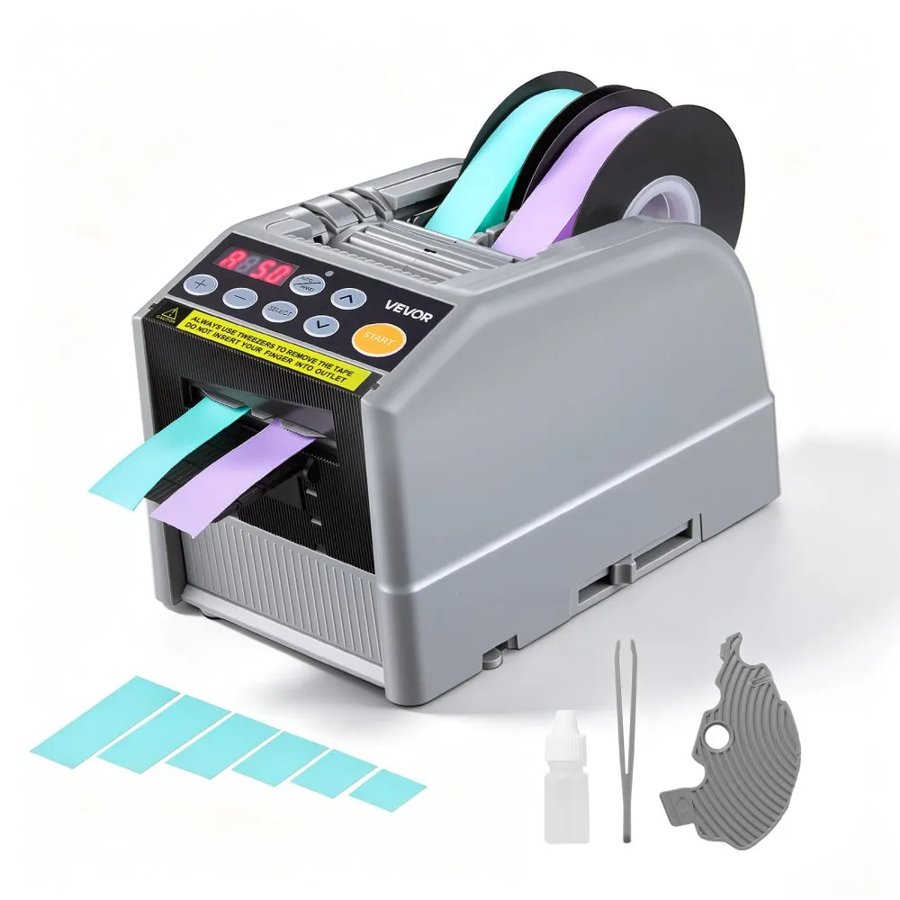 VEVOR Automatic Tape Dispenser 999mm Max Cut Length Electric Ribbon Cutter, 220V Electric Automatic Tape Cutter, Dual-Tape Capability, Fits 6–60mm Width Tape for Shipping, Packaging & Gift Wrapping