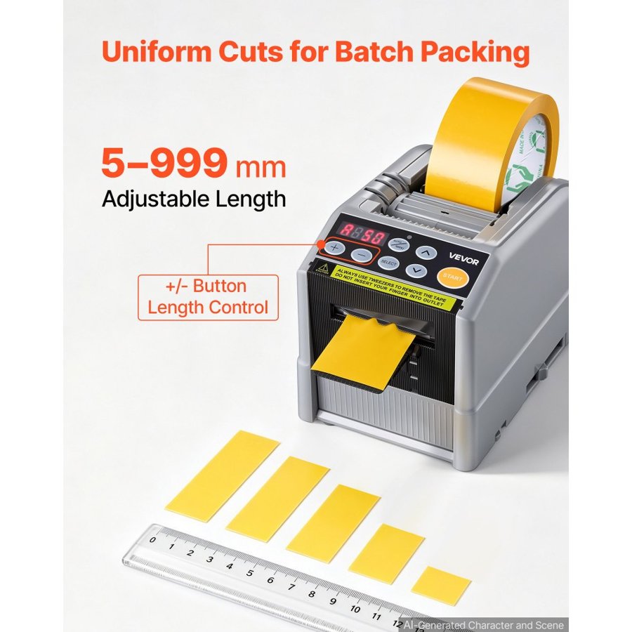VEVOR Automatic Tape Dispenser 999mm Max Cut Length Electric Ribbon Cutter, 220V Electric Automatic Tape Cutter, Dual-Tape Capability, Fits 6–60mm Width Tape for Shipping, Packaging & Gift Wrapping