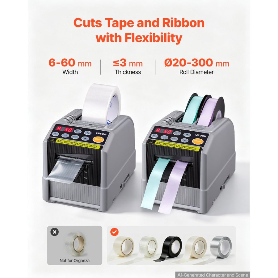VEVOR Automatic Tape Dispenser 999mm Max Cut Length Electric Ribbon Cutter, 220V Electric Automatic Tape Cutter, Dual-Tape Capability, Fits 6–60mm Width Tape for Shipping, Packaging & Gift Wrapping