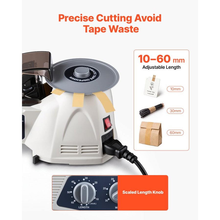 VEVOR Automatic Rotary Tape Dispenser with 10–60mm Adjustable Cut Length, Electric Tape Cutting Packaging Machine, Fits 5–25 mm Width Tape, Suitable for Clear/Masking/Mylar/High-Temperature Tapes