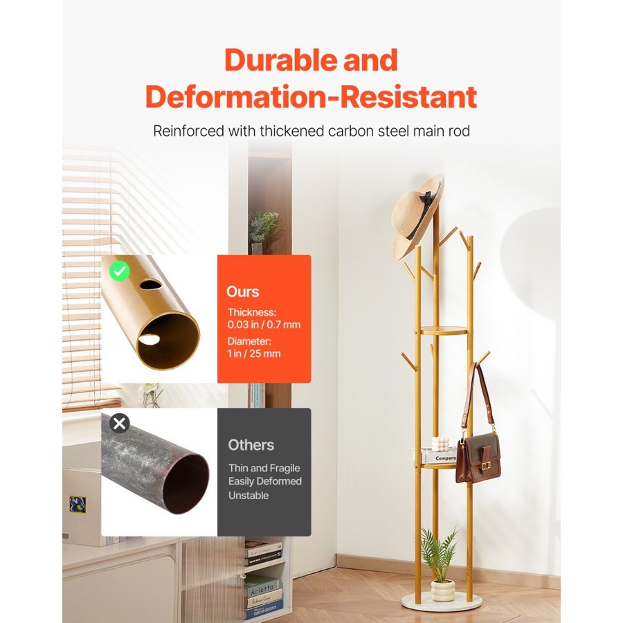 VEVOR Coat Rack, Freestanding Coat Rack Stand with Quartz Stone Base & 9 Hooks, Free Standing Hall Coat Tree for Entryway, Bedroom, Office, Living Room, Modern Clothes Hanger for Coat, Hat, Scarf, Bag