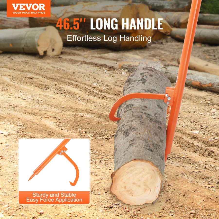 VEVOR Log Peavey, 46.5 in, Metal Handle Log Lifter, Heavy Duty Log Roller with Max 19 in Opening, Rust-Resistant Log Jack Cant Hook, Felling Log Roller Tool for Rolling, Raising, Turning Logs