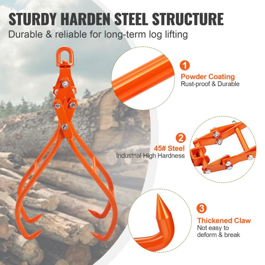 VEVOR Timber Claw Hook, 28 inch 4 Claw Log Grapple for Logging Tongs, Swivel Steel Log Lifting Tongs, Eagle Claws Design with 2205 lbs/1000 kg Loading Capacity for Tractors, ATVs, Trucks, Forklifts