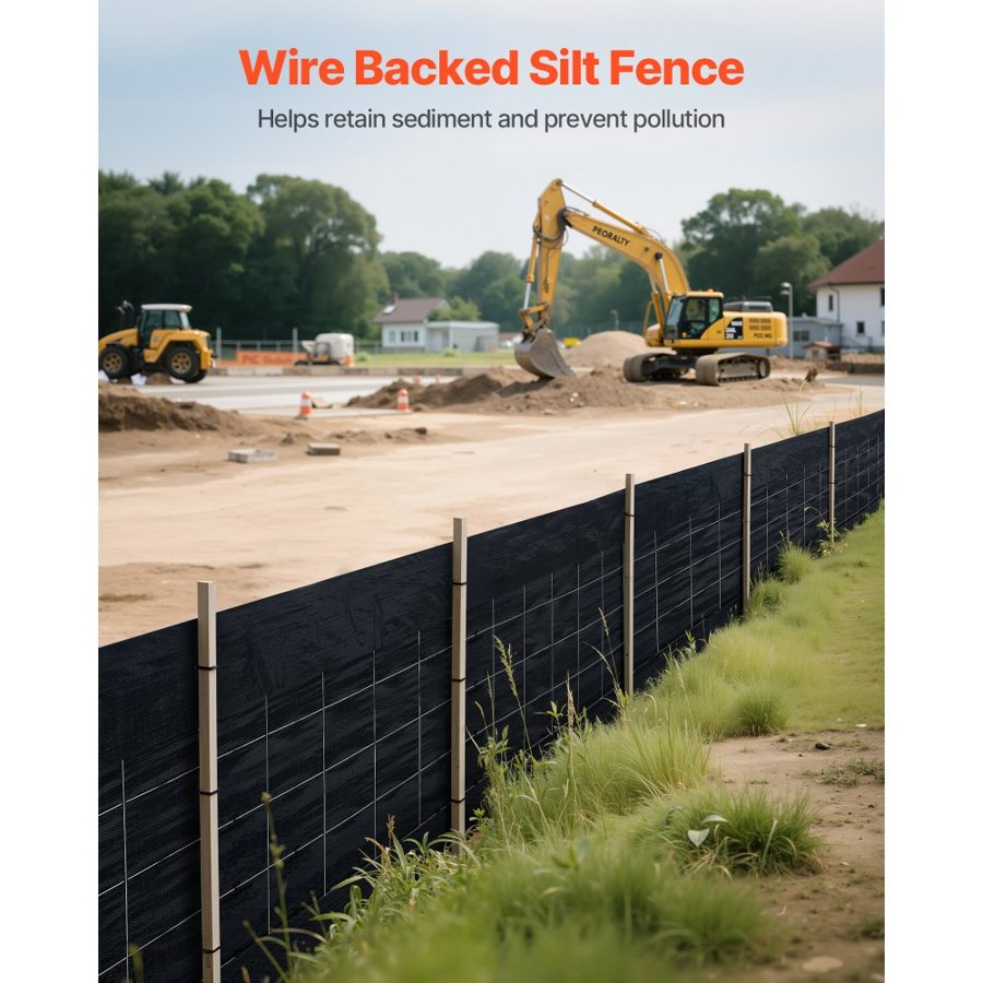 VEVOR Silt Fence Fabric Rolls, 0.6×30.5 m Backed Wire Silt Fence, Erosion Control Fencing for Sediment Retention, Industrial Grade Temporary Tough Polypropylene Fabric for Construction Job Sites