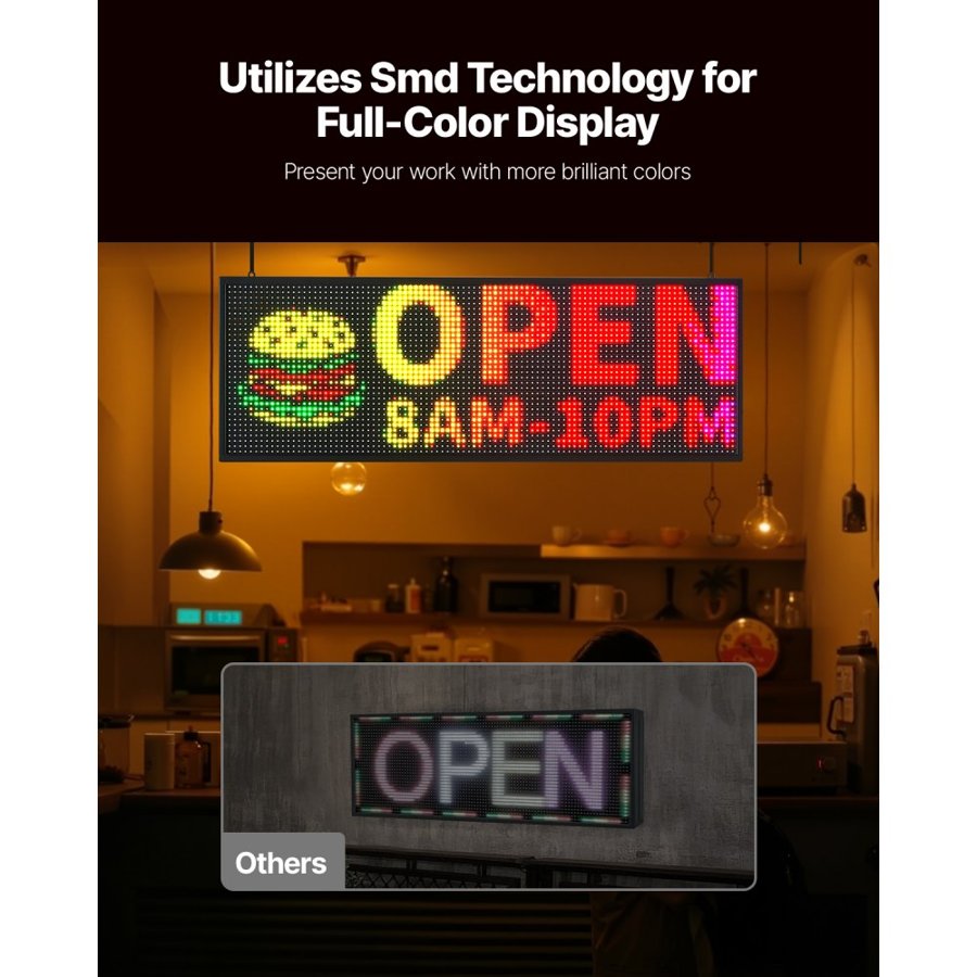 VEVOR Programmable LED Sign, P10 Full Color Flexible Digital Scrolling Panel, DIY Custom Text Pattern GIF Display Board, Bluetooth APP Control Message Shop Sign for Store Business Advertising, 40x14 in