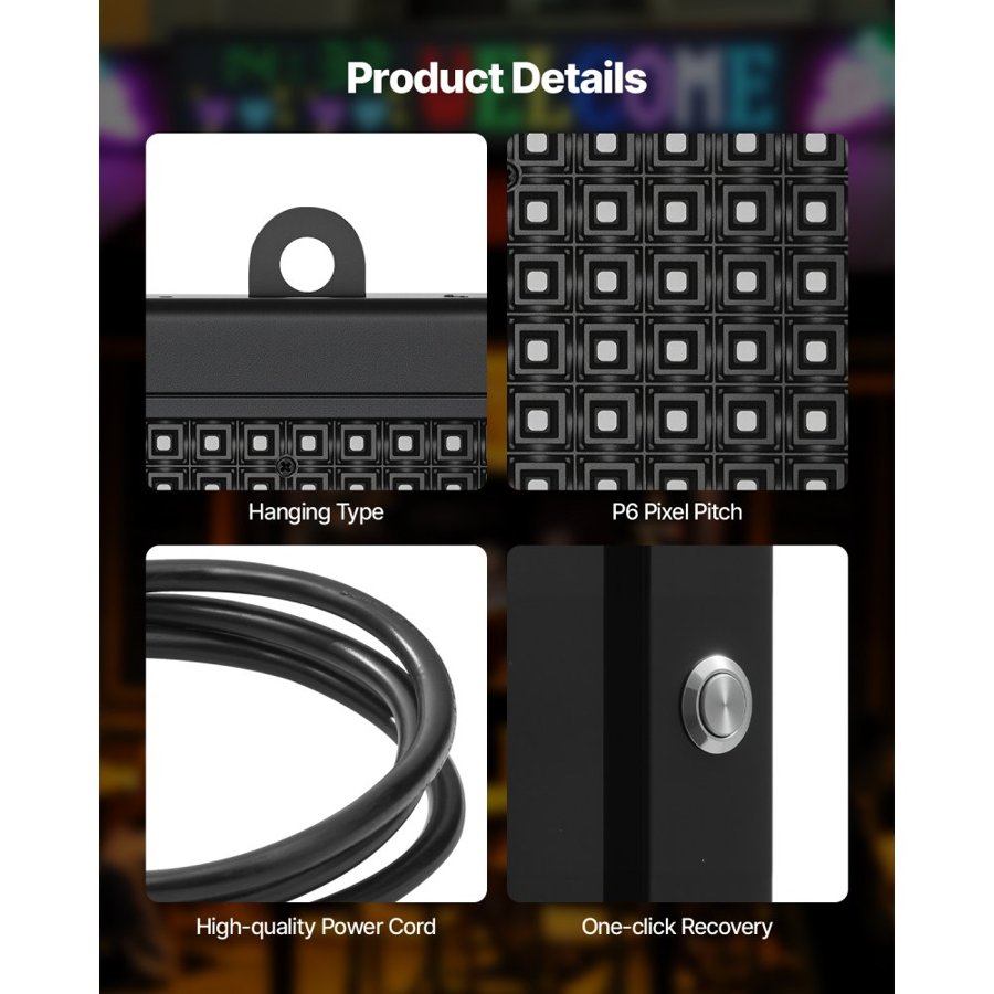 VEVOR Programmable LED Sign, P6 Full Color Flexible Digital Scrolling Panel, DIY Custom Text Pattern GIF Display Board, Bluetooth APP Control Message Shop Sign for Store Business Advertising, 40x18 in