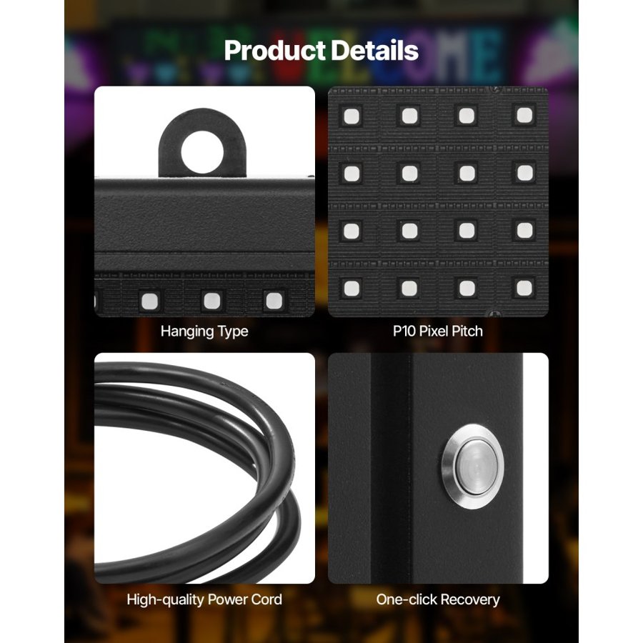 VEVOR Programmable LED Sign, P10 Full Color Flexible Digital Scrolling Panel, DIY Custom Text Pattern GIF Display Board, Bluetooth APP Control Message Shop Sign for Store Business Advertising, 40x8 in