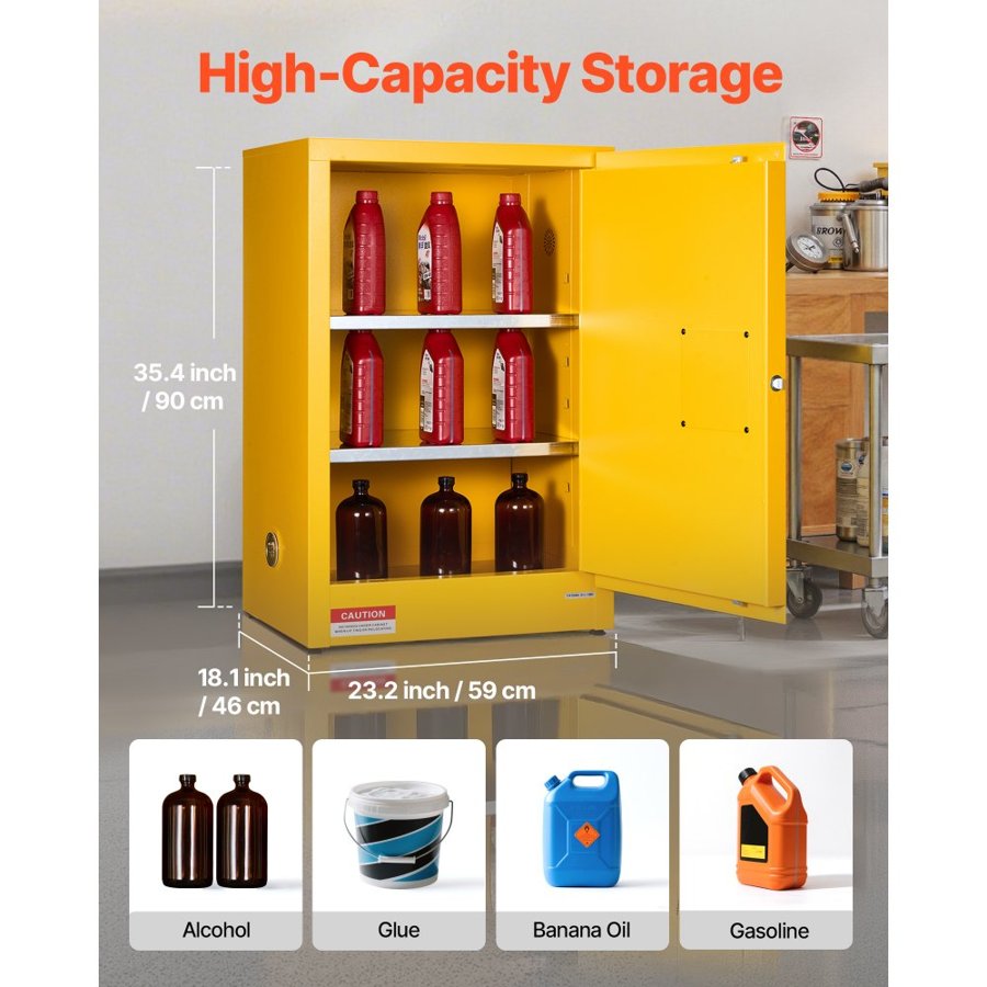 VEVOR Flammable Cabinet, 59 x 46 x 90 cm, 13 Gallon Flammable Storage Cabinet with Adjustable Shelf, Cold-Rolled and Galvanized Steel Fire Cabinets, for Commercial Industrial and Home Use, Yellow