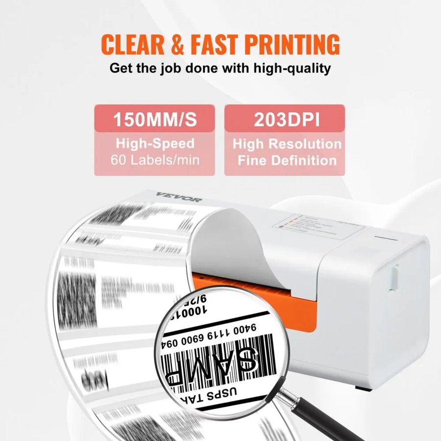 VEVOR Thermal Label Printer, 4x6 Label Printer, Thermal Label Maker with Automatic Label Recognition, Support Windows/MacOS/Linux, Compatible with Amazon, eBay, Etsy, UPS,etc