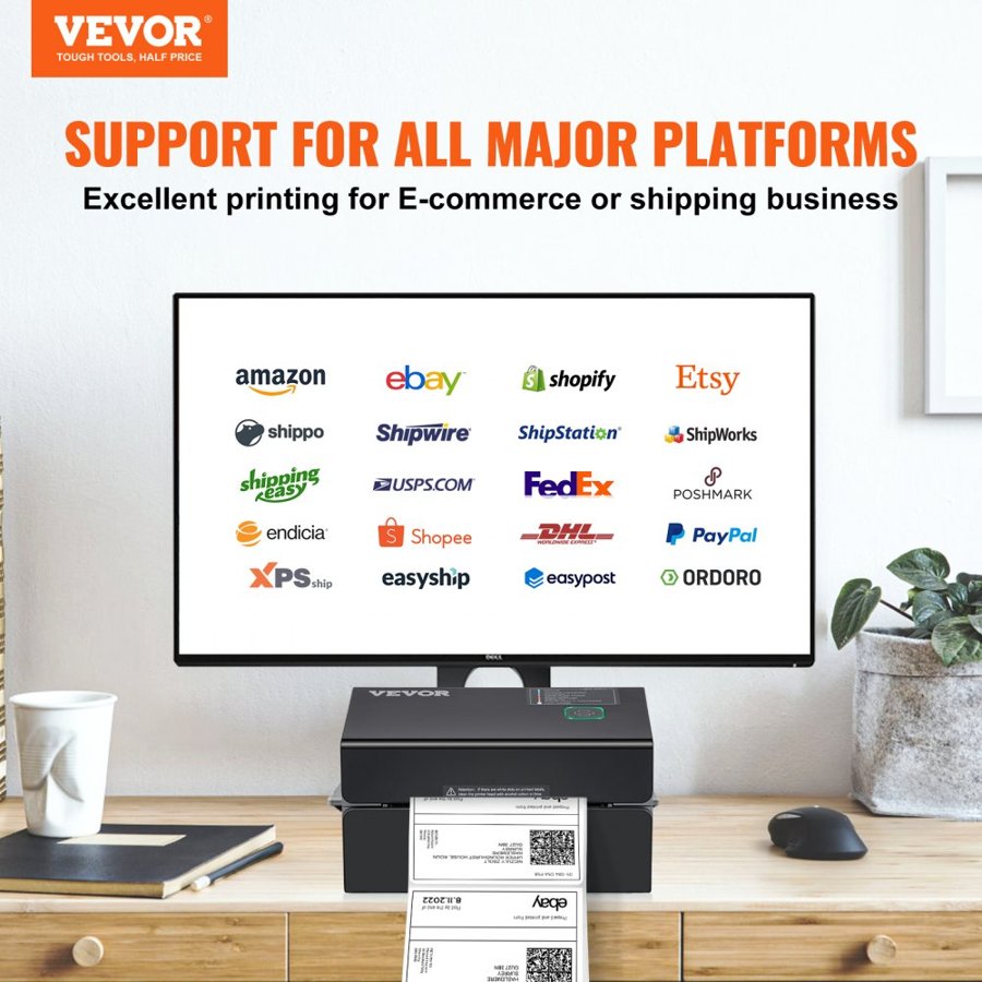 VEVOR Thermal Label Printer, 300DPI for 4x6 Mailing Packages, Bluetooth & Automatic Label Recognition, Support Windows/MacOS/Linux/Chromebook/Android/IOS, Compatible with Amazon, eBay, Etsy,etc, Black