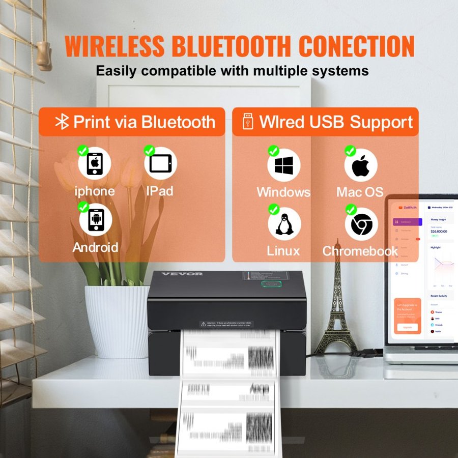 VEVOR Thermal Label Printer, 300DPI for 4x6 Mailing Packages, Bluetooth & Automatic Label Recognition, Support Windows/MacOS/Linux/Chromebook/Android/IOS, Compatible with Amazon, eBay, Etsy,etc, Black