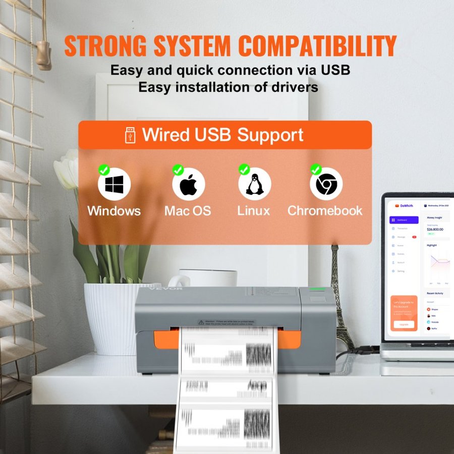 VEVOR Thermal Label Printer, 203DPI 60pcs/min for 4x6 Mailing Packages, USB Connection & Automatic Label Recognition, Support Windows/MacOS/Linux, Compatible with Amazon, eBay, Etsy, UPS,etc, Gray