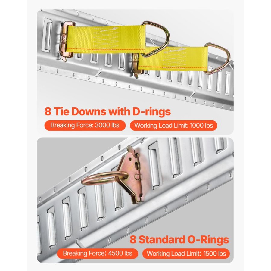 VEVOR E Track Tie-Down Rail Kit, 34PCS 152.4 cm E-Tracks Set Includes 8 Steel Rails & 2 Single Slot & 8 O Rings & 8 Tie-Offs w/ D-Ring & 8 End Caps, Securing Accessories for Cargo, Motorcycles, and Bikes