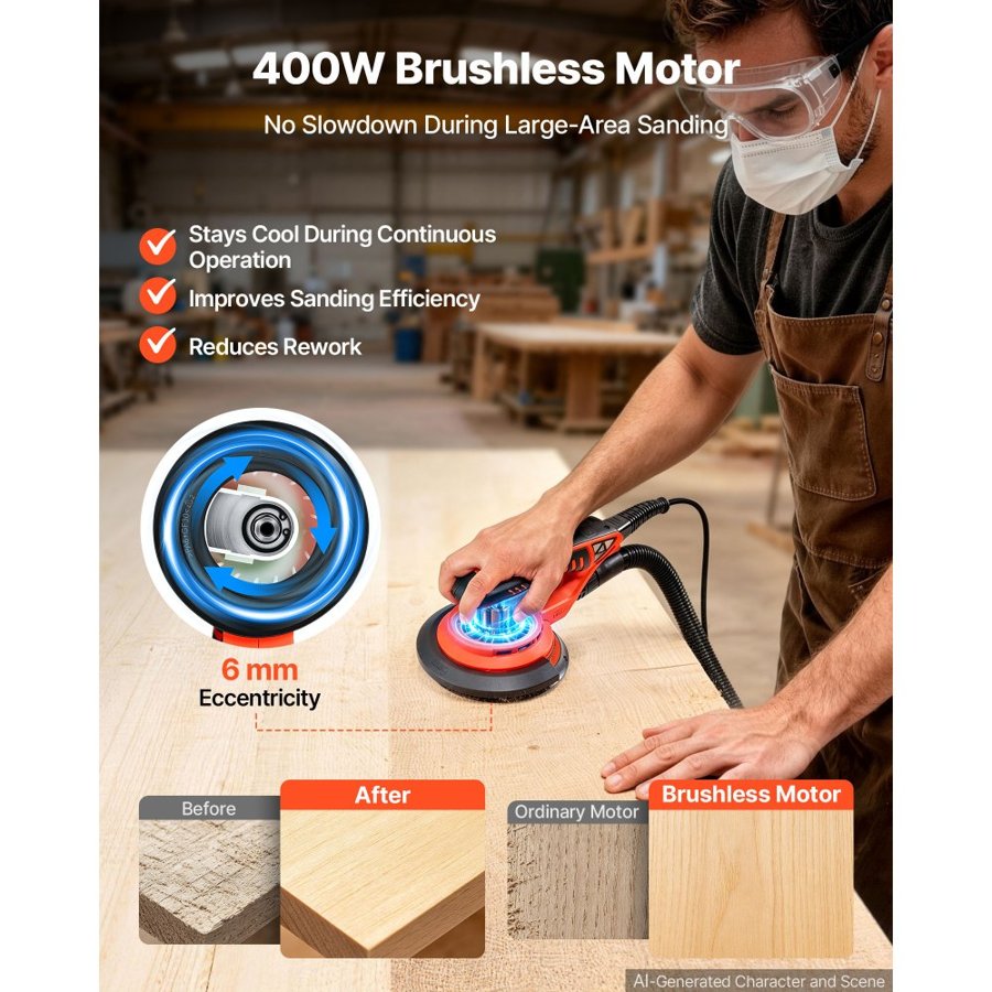 VEVOR 127mm & 152mm Random Orbital Sander 400W Brushless Orbital Sander, 4000-10000RPM 7 Speeds Electric Palm Sanders with 20PCS Sandpapers, Dust Bag & Vacuum Hose for Woodworking Detailing Sanding