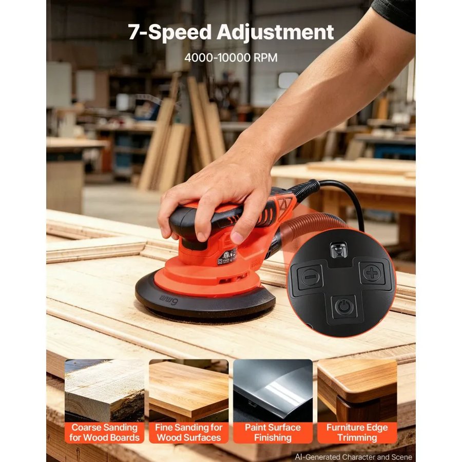 VEVOR 127mm & 152mm Random Orbital Sander 400W Brushless Orbital Sander, 4000-10000RPM 7 Speeds Electric Palm Sanders with 20PCS Sandpapers, Dust Bag & Vacuum Hose for Woodworking Detailing Sanding