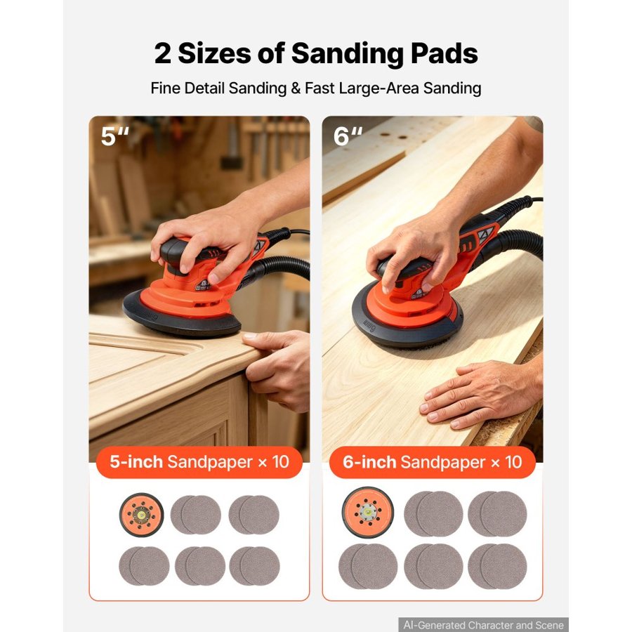 VEVOR 127mm & 152mm Random Orbital Sander 400W Brushless Orbital Sander, 4000-10000RPM 7 Speeds Electric Palm Sanders with 20PCS Sandpapers, Dust Bag & Vacuum Hose for Woodworking Detailing Sanding