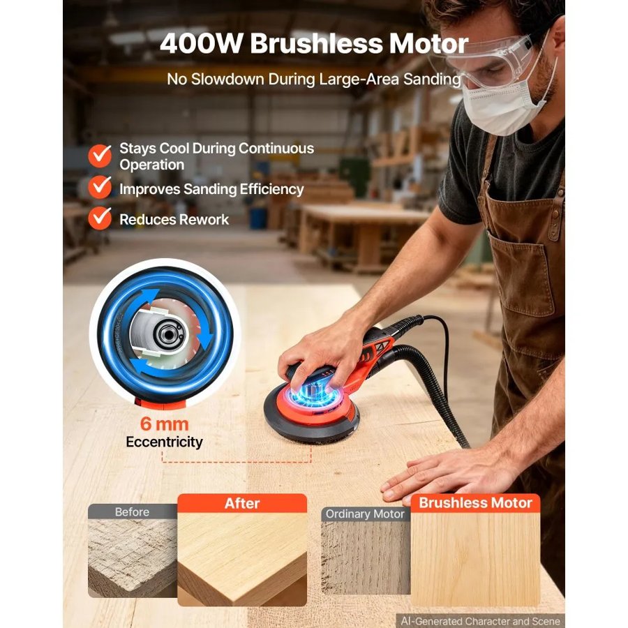 VEVOR 152mm Random Orbital Sander 400W Brushless Orbital Sander, 4000-10000RPM 7 Speeds Electric Palm Sanders with 10PCS Sandpapers, Dust Bag & Vacuum Hose for Woodworking Detailing Sanding