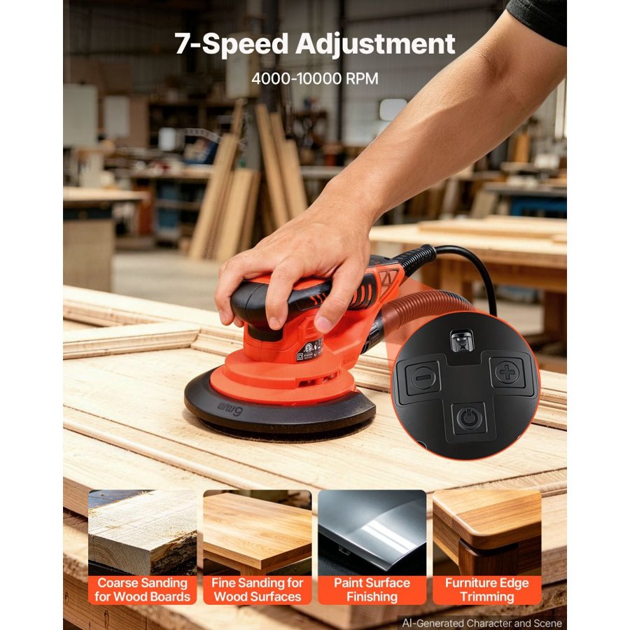VEVOR 152mm Random Orbital Sander 400W Brushless Orbital Sander, 4000-10000RPM 7 Speeds Electric Palm Sanders with 10PCS Sandpapers, Dust Bag & Vacuum Hose for Woodworking Detailing Sanding