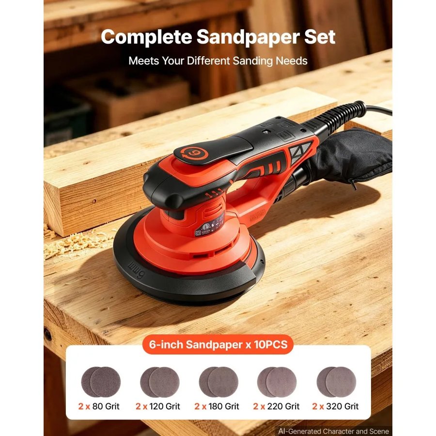 VEVOR 152mm Random Orbital Sander 400W Brushless Orbital Sander, 4000-10000RPM 7 Speeds Electric Palm Sanders with 10PCS Sandpapers, Dust Bag & Vacuum Hose for Woodworking Detailing Sanding