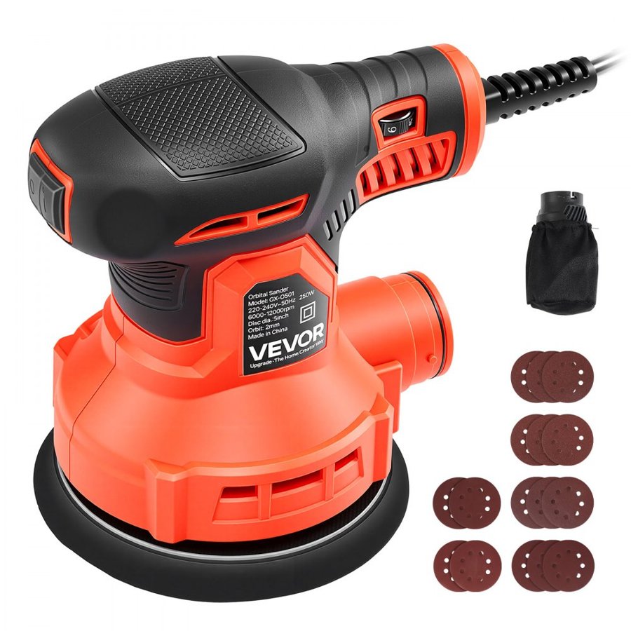 VEVOR 127mm Random Orbital Sander 250W Corded Orbital Sander, 6000-12000RPM 6 Speeds Electric Palm Sanders with 16PCS Sandpapers & Dust Collection Bag for Woodworking Detailing Sanding