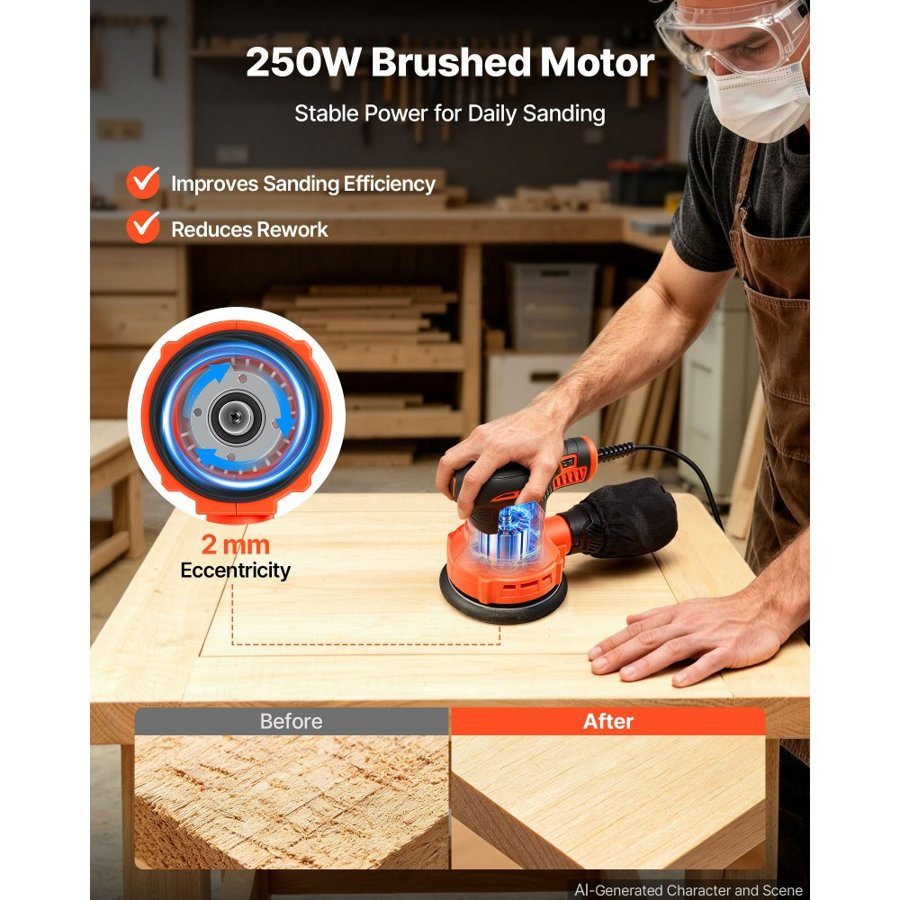 VEVOR 127mm Random Orbital Sander 250W Corded Orbital Sander, 6000-12000RPM 6 Speeds Electric Palm Sanders with 16PCS Sandpapers & Dust Collection Bag for Woodworking Detailing Sanding