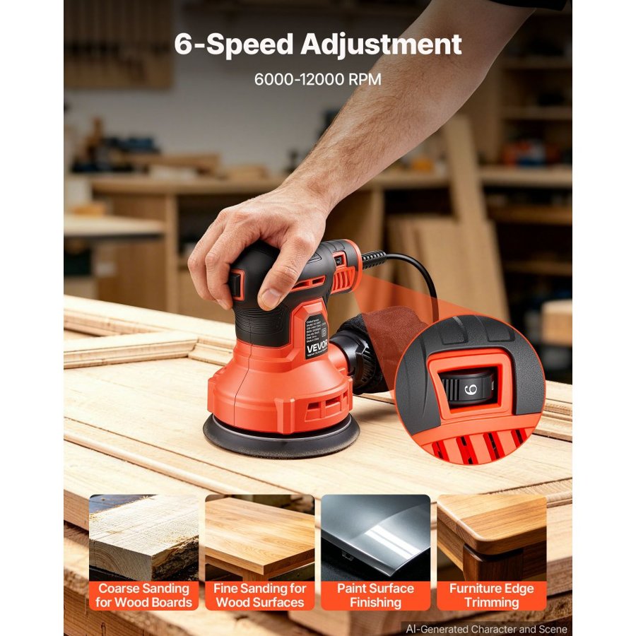 VEVOR 127mm Random Orbital Sander 250W Corded Orbital Sander, 6000-12000RPM 6 Speeds Electric Palm Sanders with 16PCS Sandpapers & Dust Collection Bag for Woodworking Detailing Sanding