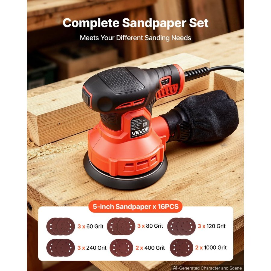 VEVOR 127mm Random Orbital Sander 250W Corded Orbital Sander, 6000-12000RPM 6 Speeds Electric Palm Sanders with 16PCS Sandpapers & Dust Collection Bag for Woodworking Detailing Sanding