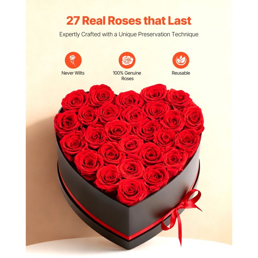 VEVOR Heart Shaped Rose Box – 27 Preserved Roses, 3 years