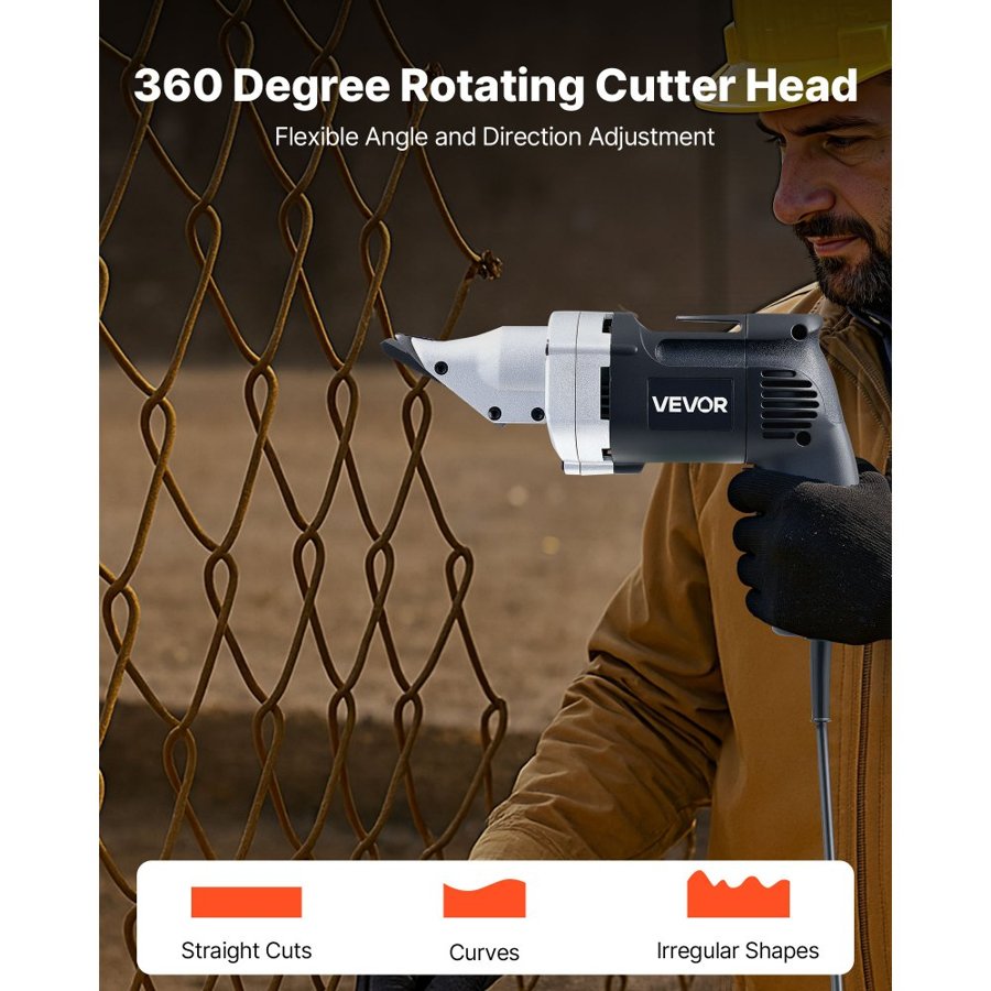 VEVOR Electric Metal Shear, 4.0-Amp Corded Sheet Metal Cutter with 360-Degree Swivel Head, Variable Speed, Continuous Cutting, Clean Cut for 1.22 mm Galvanized Steel, 1 mm Stainless Steel, 2500 SPM