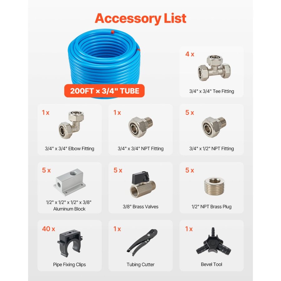 VEVOR Air Compressor Line Kit – 200FT x 3/4", 4 TEE, 6 NPT