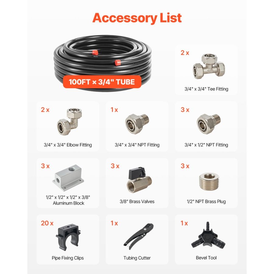 VEVOR Air Compressor Line Kit, 100FT x 3/4", HDPE-Aluminum Compressed Air Piping System, Leak-Proof, Pressure-Resistant & Easy-to-Install, Compressed Air Line Tubing Kit for Garages Workshops, Black