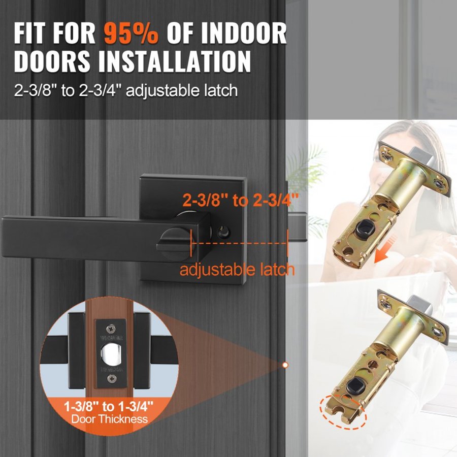 VEVOR Privacy Door Handle, 1 Pack Matte Black Door Lever, Left or Right Handing Reversible Lever with Keyless Lock, 45° Rotation to Open, Universal Square Interior for Bedroom and Bathroom Doors